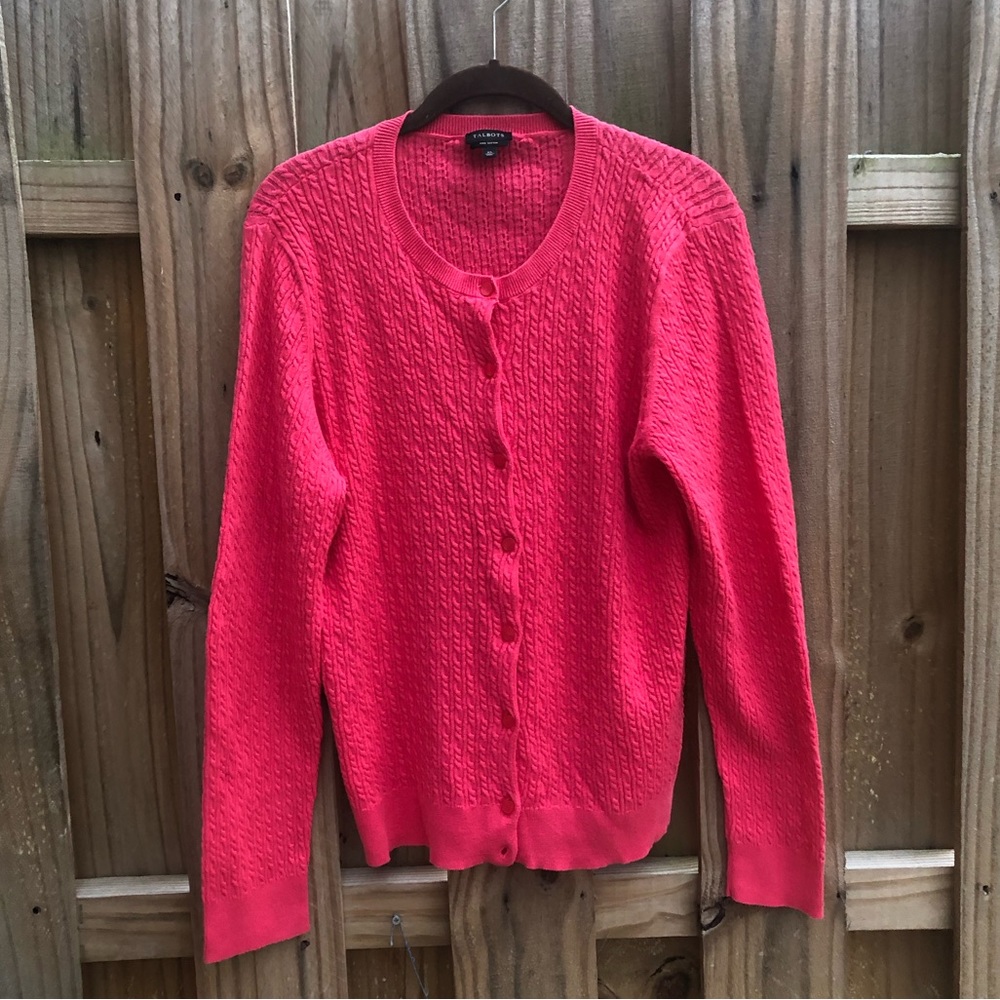 Talbots Cardigan 100% Pima Cotton Sweater Pink Cable Knit Button Front Womens XL